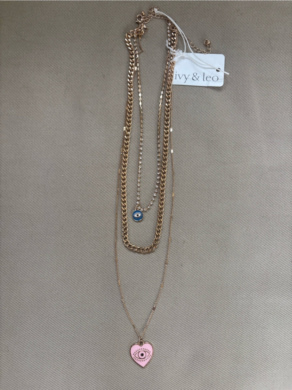 Ivy & Leo Gold-Tone Layered Necklace with Blue Eye and Pink Heart Pendant